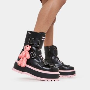 KOI PLATFORM PINK AND BLACK BUCKLE BOOTS